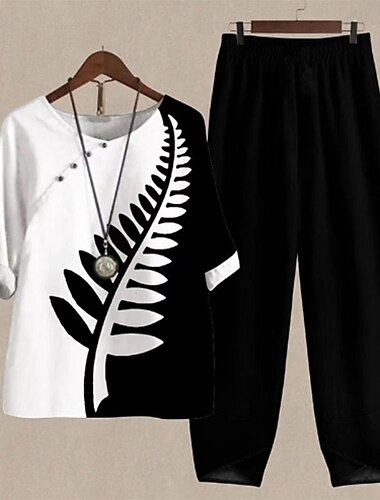  Damen 2 Teile Elegant Urlaub Vintage Shirt Hosen Sets Hosen Länge Kurzarm Rundhals Blumen Karo Druck Casual Alltag Schwarz Hellgrün Lila Herbst  Winter Reguläre Passform