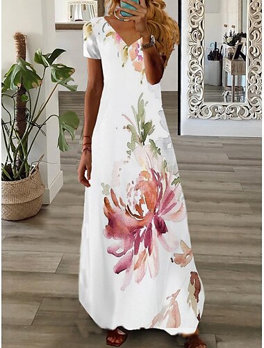  Damen Maxi Kleid Lässiges Kleid Druck Kleid Grafik Blumen Mode Modern Alltag Urlaub Ferien Kurzarm V-Ausschnitt Kleid Regulärer Schnitt Weiß Pink Wein Sommer Frühling