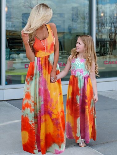  Mama und ich Kleider Batik Sonnenblume Lässig Druck Schwarz Weiß Ärmellos Midi Mama und ich Outfits Aktiv Passende Outfits