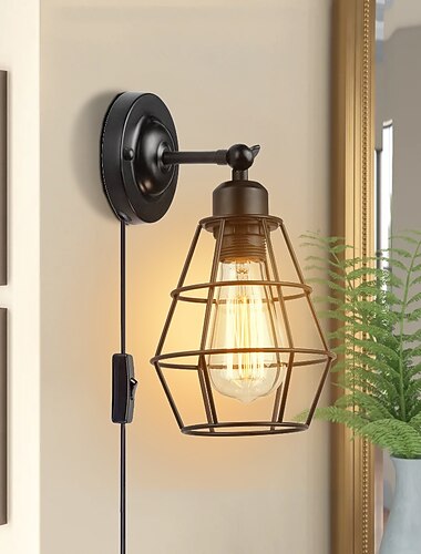  lâmpada de parede led plug-in gaiola de arame lâmpada de parede industrial lâmpada de parede com cabo de tomada lâmpada de parede rústica interruptor liga/desliga lâmpada de parede retrô para