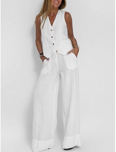  Women's Tank Top Pants Sets Plain Casual Daily Streetwear Sleeveless V Neck White Fall & Winter