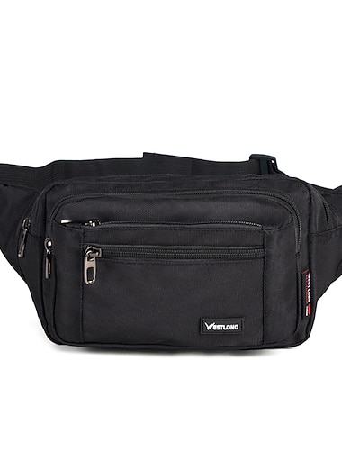  Ανδρική μαύρη τσάντα μεταφοράς από νάιλον, με πολλαπλές τσέπες στη μέση και ρυθμιζόμενο λουράκι για πρακτική και ευέλικτη χρήση.