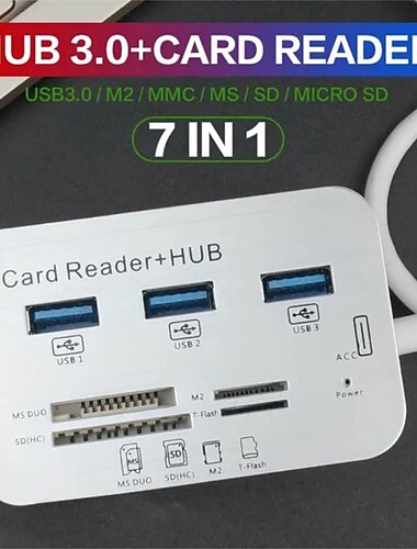  قارئ بطاقات 7 في 1 مع 3 منافذ USB 3.0 عالي السرعة قارئ بطاقة ذاكرة خارجية مدمج MSMICRO SDSD / MMCM2TF فتحات بطاقة ABS محول سبائك الألومنيوم Stonego ملحقات الكمبيوتر المتوافقة مع الكمبيوتر