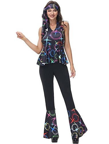  Hippie Retro Vintage 1970er Disko Weste Kopfbedeckung Hose Kopfbedeckungen Glockenhose Damen Kostüm Jahrgang Cosplay Casual Ärmellos Weste Maskerade Schlager Outfit
