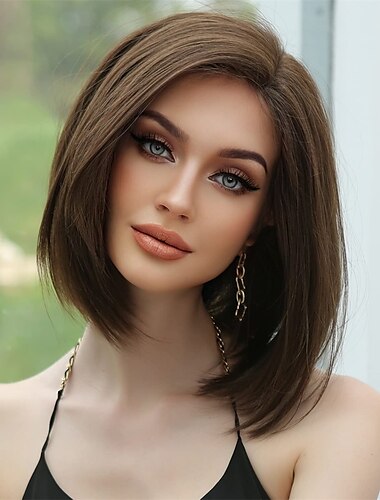  女性のための茶色のかつらボブの肩の長さのストレート合成レースのかつらの側別れと赤ちゃんの髪