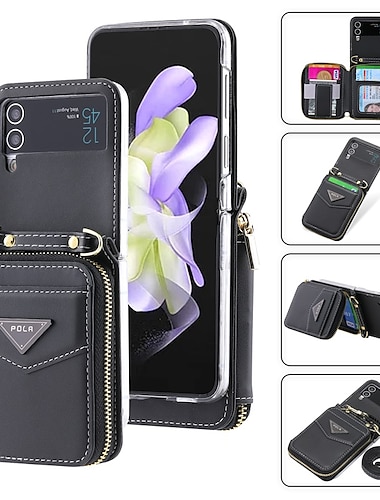  téléphone Coque Pour Samsung Galaxy Z Flip 5 Z Flip 4 Z Flip 3 Portefeuille Portable fermeture Éclair Fente pour carte Couleur Pleine PC faux cuir