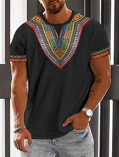  Herren Graphic Farbblock Stammes T Shirt Kurzarm T-Shirt 3D-Druck Rundhalsausschnitt Hemd Modisch Designer Ethnisch Outdoor Täglich Sport Schwarz Weiß Khaki Frühling Sommer Bekleidung S M L XL 2XL 3XL