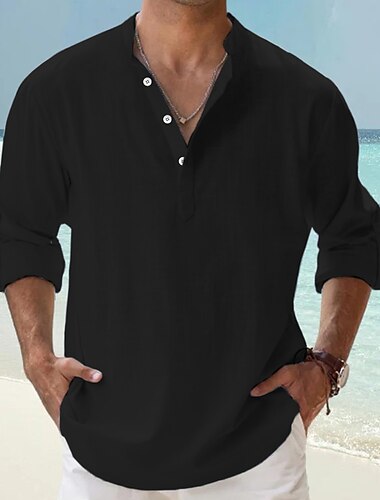  Herren Leinenhemd Popover-Hemd Freizeithemd Strandhemd Stehkragenhemd Einfach Urlaub Hawaiianisch Schwarz Weiß Rosa Blau Langarm Henley Frühling & Sommer Bekleidung