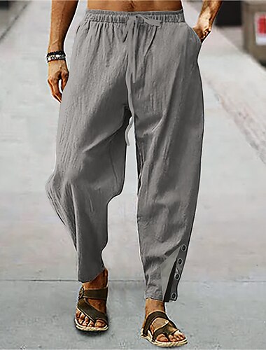  Men's Linen Pants Trousers Summer Pants Beach Pants Carrot Pants Button Drawstring Elastic Waist Plain Comfort Breathable Casual Daily Holiday Linen Cotton Blend Fashion Classic Style White Blue