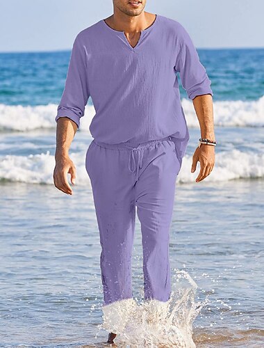  Herren Hemd aus Baumwollleinen Weißes Baumwollhemd 2 Stück Hemden-Set Knopfhemd Sommerhemd Schwarz Weiß Rosa Langarm Glatt V Ausschnitt Frühling Sommer Outdoor Festtage Bekleidung