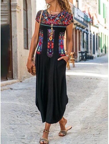  Damen Maxi-Kleid Freizeitkleid Vintage Urlaub Reguläre Passform Floral Kurzärmlig Rundhals Schwarz Gelb Khaki Sommer