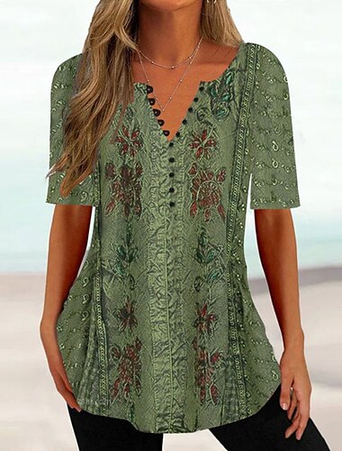  Damen T Shirt Henley Shirt Blumen Tuniken Basic Kurzarm Rundhalsausschnitt Normale Oberteile Festtage Wochenende Knopf Bedruckt Gras-Grün Hellgrün Rote Blau Braun