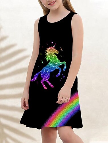  Mädchen' 3D Graphic Regenbogen Einhorn Kleid Ärmellos 3D-Druck Sommer Frühling Urlaub Sport & Natur Täglich Kuschelig Brautkleider schlicht Süß kinderkleidung 3-12 Jahre Casual kleid A Linie Kleid