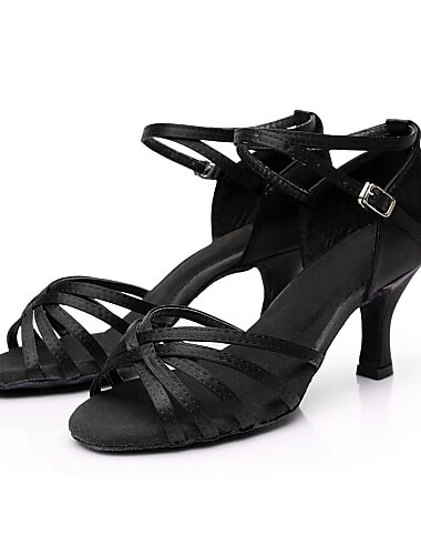  női szatén latin tánccipő pántos dizájnnal és cicasarkúval - társastánc szandál salsához, tangóhoz és rumbához