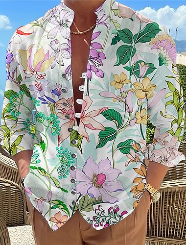  Herren Blumen Grafik-Drucke Hemd Langarm Hemd Ständer Outdoor Urlaub Weiß Rote Purpur Bedruckt Bekleidung Modisch Designer Brautkleider schlicht Komfortabel