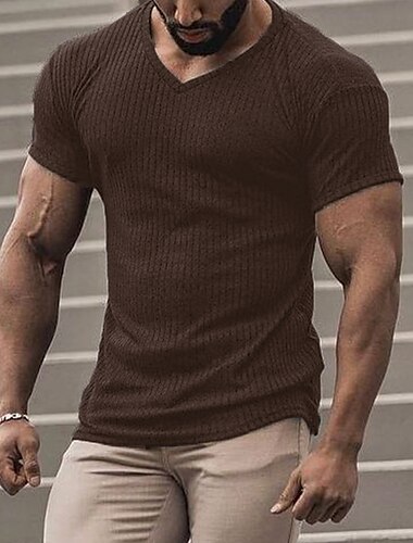  男性用 Tシャツ リブニットTシャツ ティートップ 平織り Ｖネック ストリート バケーション 半袖 衣類 デザイナー ベーシック 現代コンテンポラリー