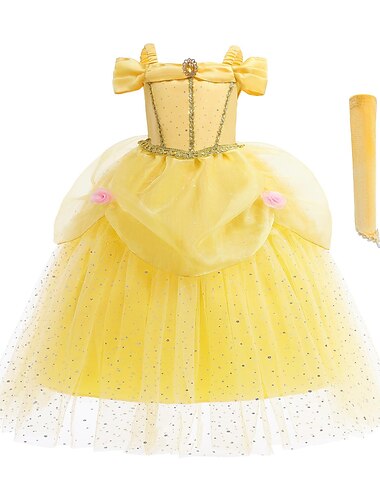  Die Schöne und das Biest Prinzessin Belle Kleid Blumenmädchenkleid Prinzessin Cosplay-Kostüm Süß Film Cosplay for Mädchen Kinder Weihnachten Kindertag Maskerade Hochzeit Hochzeitsgast