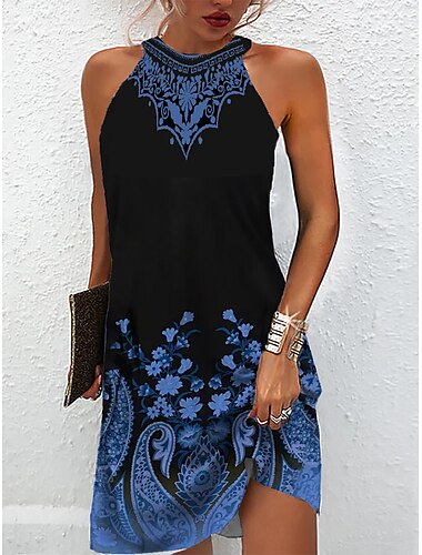  Damen Neckholder-Minikleid mit Ombre-Blumendruck, für jeden Tag, Date, ärmellos, Sommer, Frühling