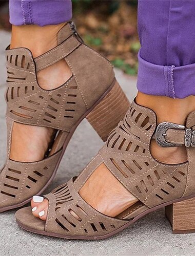  Sandales à talon bloc découpées à bride de cheville pour femmes avec boucle western, bottines en simili daim à bout ouvert pour tenues décontractées, rendez-vous d'été et événements en plein air