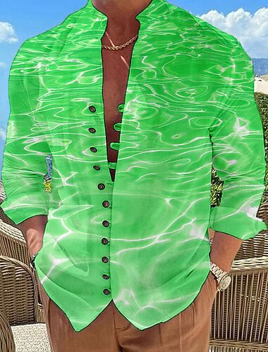  Voor heren Golven Zeegezichtpatroon Overhemd Hawaiiaans overhemd Aloha-shirt Lange mouw Overhemd Opstaand Modieus Ontwerper Casual Buiten Vakantie Straat Rood Marine Blauw blauw S M L