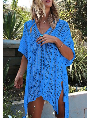  Damen Weißes Kleid überdimensional Gehäkelt Party Urlaub Brautkleider schlicht Kurze Ärmel Meerblau Schwarz Weiß Farbe
