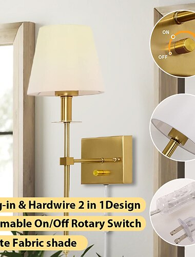  Plug-in-Wandleuchte, dimmbare Wandleuchter, 1 Stück, weiße Stoffschirm-Wandlampe mit 1,8 m langem Plug-in-Kabel, Innenwandleuchten, Wandleuchte, für Schlafzimmer, Wohnzimmer, Flur, Gold