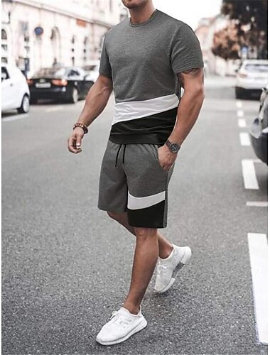  Herren T-Shirt Anzüge Hose mit T-Shirt und Kordelzug Kurze Ärmel Rundhalsausschnitt Sommer Gymnastik Lässig Farbblock Streetstyle Urlaub Alltagskleidung Sportkleidung Armee-Grün Schwarz Gelb Top