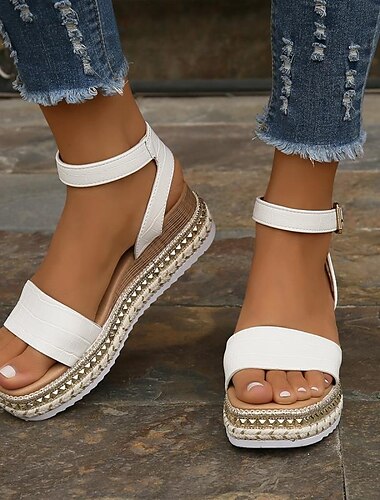  Sandales à plateforme espadrilles blanches pour femmes, avec bride à la cheville et détails cloutés, pour tenues d'été et décontractées