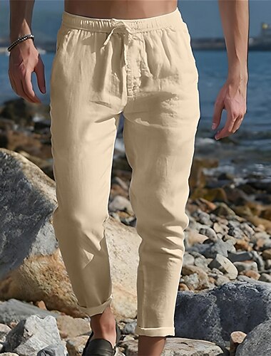  Herren Leinenhose Hose Hosen Sommerhosen Tasche Kordelzug Glatt Komfort Atmungsaktiv Knöchellänge Casual Täglich Ausgehen Einfach Brautkleider schlicht Schwarz Weiß Mikro-elastisch
