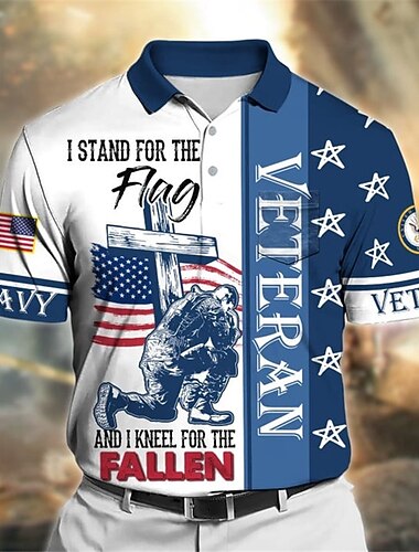  4 juli 2026 250e Voor heren veteranen Vaderlandslievend Poloshirts Golfshirt Korte mouw Poloshirt Overhemden met kraag Casual Streetwear Vakantiekleding Feestoutfits 3D-afdrukken Knop blauw Wijn