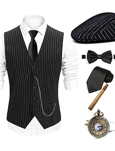  The Great Gatsby Gentleman Gangster Retro Vintage Roaring 20s 1920s Outfits Vest Panama Hat Accesories Set Men's Costume Vintage Cosplay Prom Festival Cravat Christmas