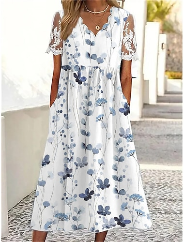  Femme Robe mi-longue Robe Trapèze Robe d'été Robe imprimée Mode Moderne Manches en dentelle Extérieur Vacances du quotidien Standard Floral Manche Courte Col festonné Blanche Eté Printemps