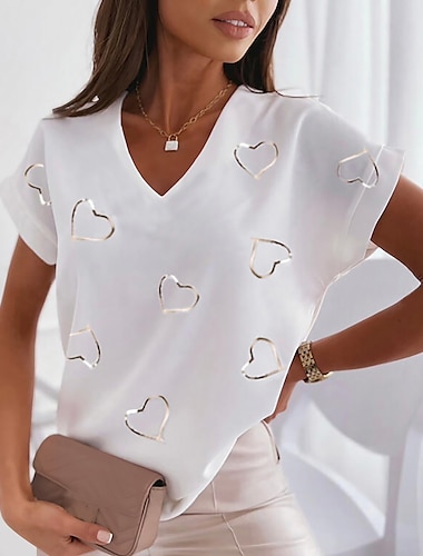  女性用 Tシャツ ハート カラーブロック フェザー プリント 日常 週末 ベーシック ドルマンスリーブ 半袖 Ｖネック シルバー