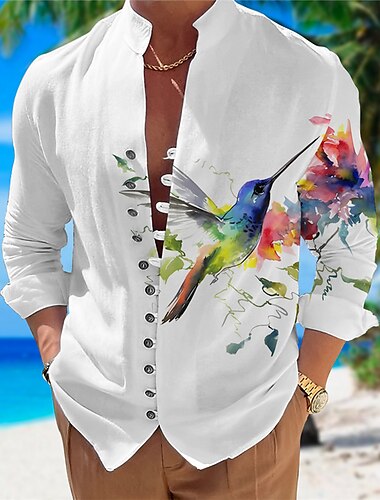  Herren Blumen Vogel Grafik-Drucke Hemd Langarm Hemd Ständer Outdoor Urlaub Blau Purpur Grün Bedruckt Bekleidung Modisch Designer Brautkleider schlicht Komfortabel