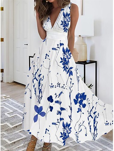  Robes Maxi Femme Robe Décontractée Imprimé Floral Col V Décontractée Date Quotidienne Sans Manches Été Printemps