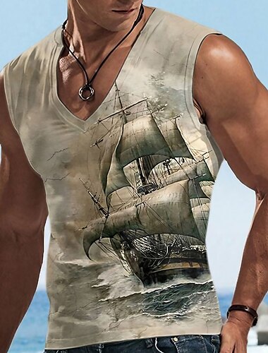  Ανδρικά Αμάνικη Μπλούζα Τοπ γιλέκου Αμάνικο μπλουζάκι για άντρες Γραφική Πλοίο Λαιμόκοψη V Ρούχα 3D εκτύπωση Αθλητικά Τρέξιμο Αμάνικο 3D εκτύπωση Υψηλής Ποιότητας Καθημερινό Μυς