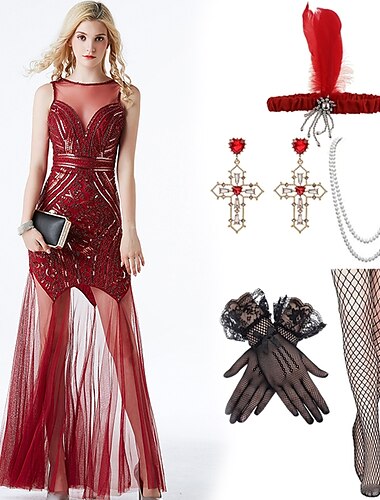  Rétro Vintage Années Folles Années 1920 Longue longueur Robe Charleston Robe de cocktail Serre Tête Flapper Bijoux de tête Boucles d'oreilles pendantes Collier Sans manches Invité au mariage