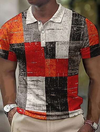  Herre Ternet Vaffel poloskjorter Golftrøje Kortærmet Polo skjorter Skjorter med krave Årgang Afslappet Ferietøj Formel beklædning Festivaltøj 3D-udskrivning Knapper Blå Lysegul Krystal / Orange