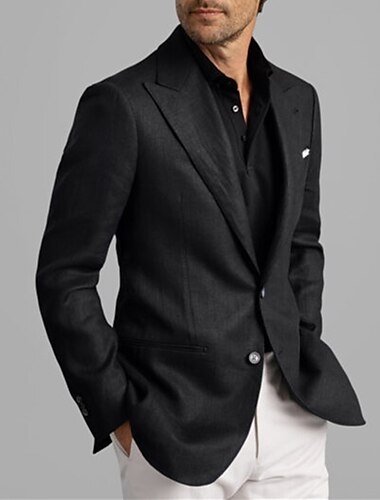  Blazer de lino casual de moda para hombres entallado regular de verano de color sólido de una sola fila de dos botones negro