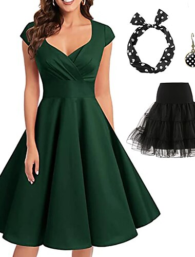  Retro Vintage 1950er Rockabilly A-Linie Kleid Ausgestelltes Kleid Weihnachtsfeier Kleid Tupfen Damen Party / Abend Maskerade Junggesellinnenabschiedsparty Erwachsene Kleid Ohrringe Kopfbedeckung