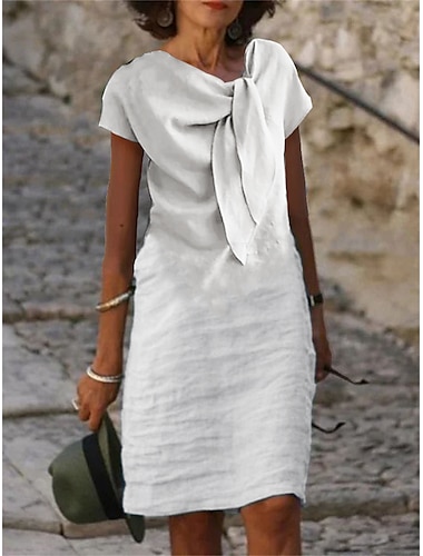  Mujer Vestido blanco Vestido informal Vestido de Algodón Vestido Midi Acordonado Anudado Básico Diario Vacaciones Escote en Pico Manga Corta Verano Primavera Negro Blanco Plano