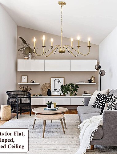  Gold-Kronleuchter, 6-flammig, moderner Bauernhaus-Kronleuchter aus Messing, klassischer Kerzen-Deckenpendelleuchte aus Schmiedeeisen für Esszimmer, Wohnzimmer, Küche, Inseleingang, Treppenhaus,