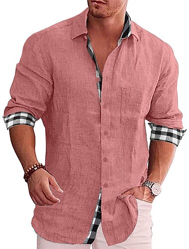  Herren Hemd leinenhemd Knopfhemd Sommerhemd Strandhemd Schwarz Weiß Rosa Langarm Farbblock Kargen Frühling & Herbst Casual Täglich Bekleidung