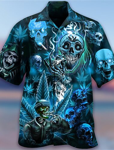 قميص جمجمة تنكرية للرجال بأزرار قميص قصير الأكمام موضة مصممة كاجوال يومي على الشاطئ ربيعي وصيفي طباعة ثلاثية الأبعاد بأزرار باللون الأصفر والأزرق والبنفسجي والأخضر