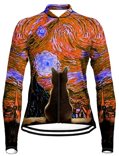  女性用 サイクリングジャージー 猫 おかしい 長袖 バイク ジャージー トップス 3つのリアポケット付き マウンテンサイクリング ロードバイク 速乾性 反射性ストリップ 後ポケット 吸汗性 スポーツ イエロー レッド ブルー 衣類