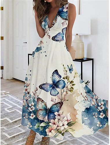  Frauen Maxikleid A-Linien Kleid Lässiges Kleid Swing Kleid Sommerkleid Mode Streetwear Lässig Outdoor Urlaub Täglich Regulär Passform Blumen Schmetterling Ärmellos V-Ausschnitt Schwarz Weiß Königsblau