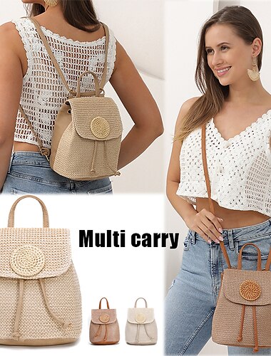  sac à dos en paille multi-portage pour femme - sac élégant et polyvalent pour l'été en 3 couleurs