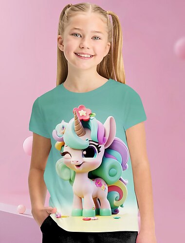  Mädchen 3D Graphic Karikatur Einhorn T-Shirt Kurzarm 3D-Druck Sommer Frühling Aktiv Modisch Kuschelig Polyester kinderkleidung 3-12 Jahre Outdoor Casual Täglich Regular Fit