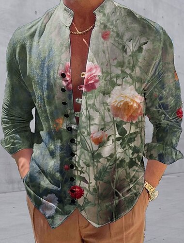  Miesten Kukka Paita Button Up paita Pitkähihainen Muoti Katutyyli Suunnittelija ulko- Kausaliteetti Päivittäin Kesä Kevät Syksy Stand-kaula-aukko Painettu Vaalean vihreä Sininen Apila Harmaa