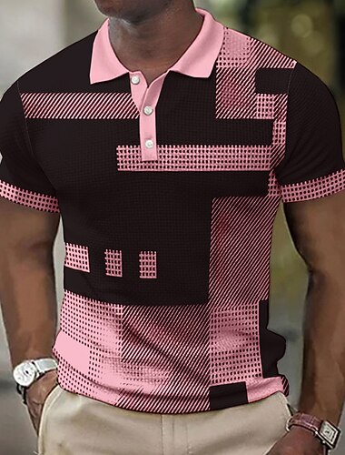  Herre Ternet Vaffel poloskjorter Golftrøje Kortærmet Polo skjorter Skjorter med krave Årgang Afslappet Ferietøj Formel beklædning Festivaltøj 3D-udskrivning Knapper Blå Sort Lyserød